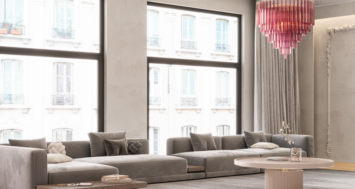 Gray and beige living room accented by pink