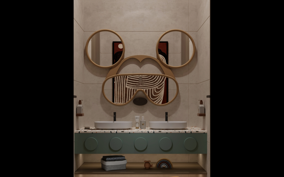 Beige and wood bathroom accented by muted teal