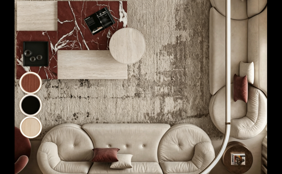 Beige and cream living room accented by deep red