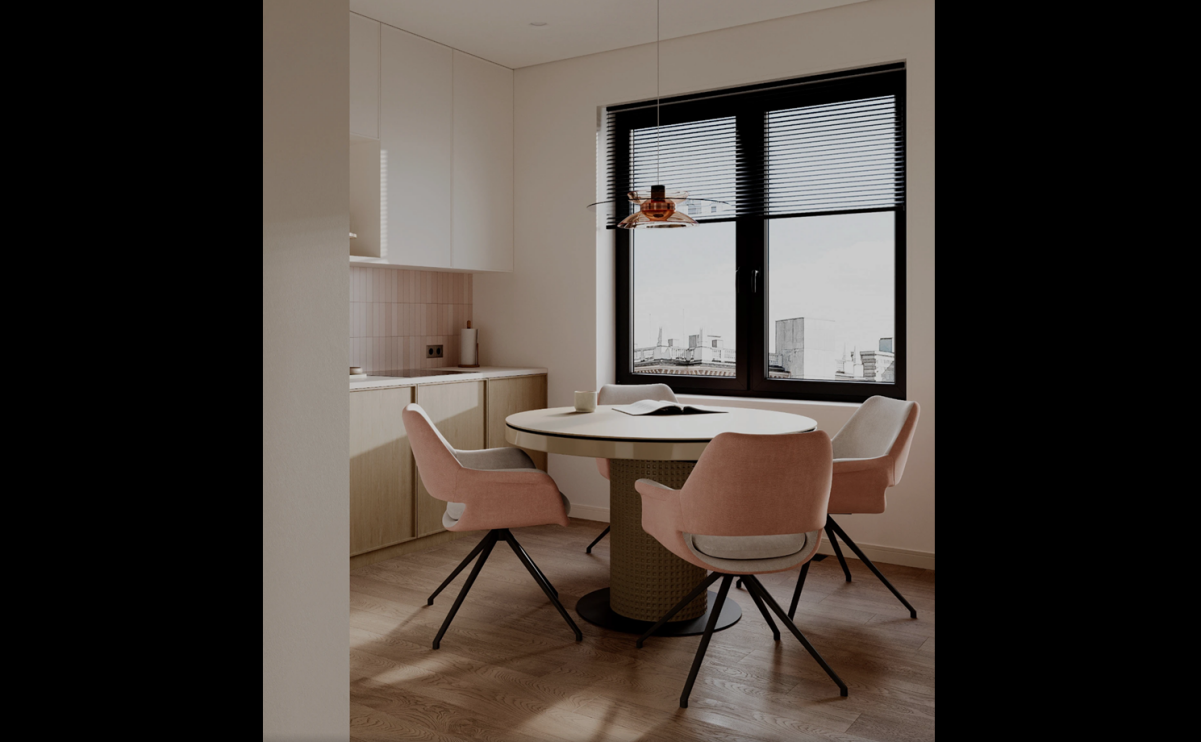 White dining kitchen accented by pink