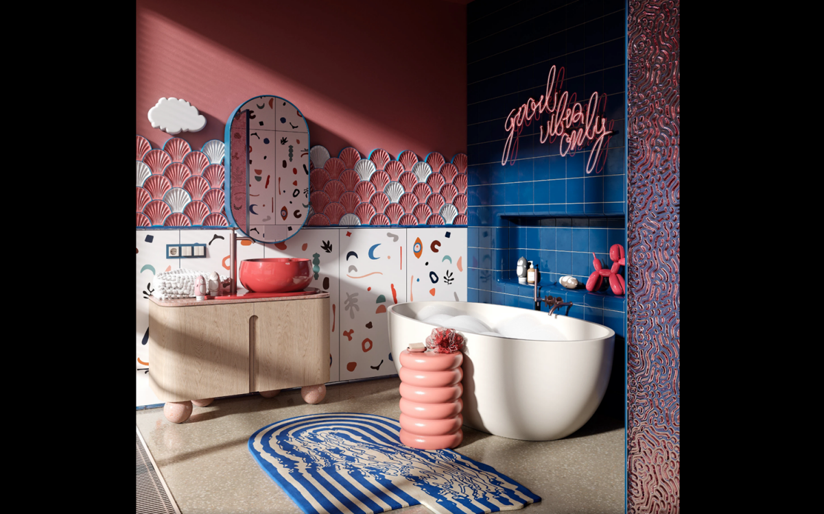 Bold blue and pink-red color contrast bathroom