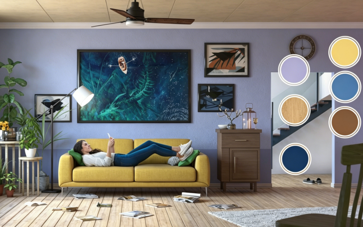 Lavender and yellow color contrast living room
