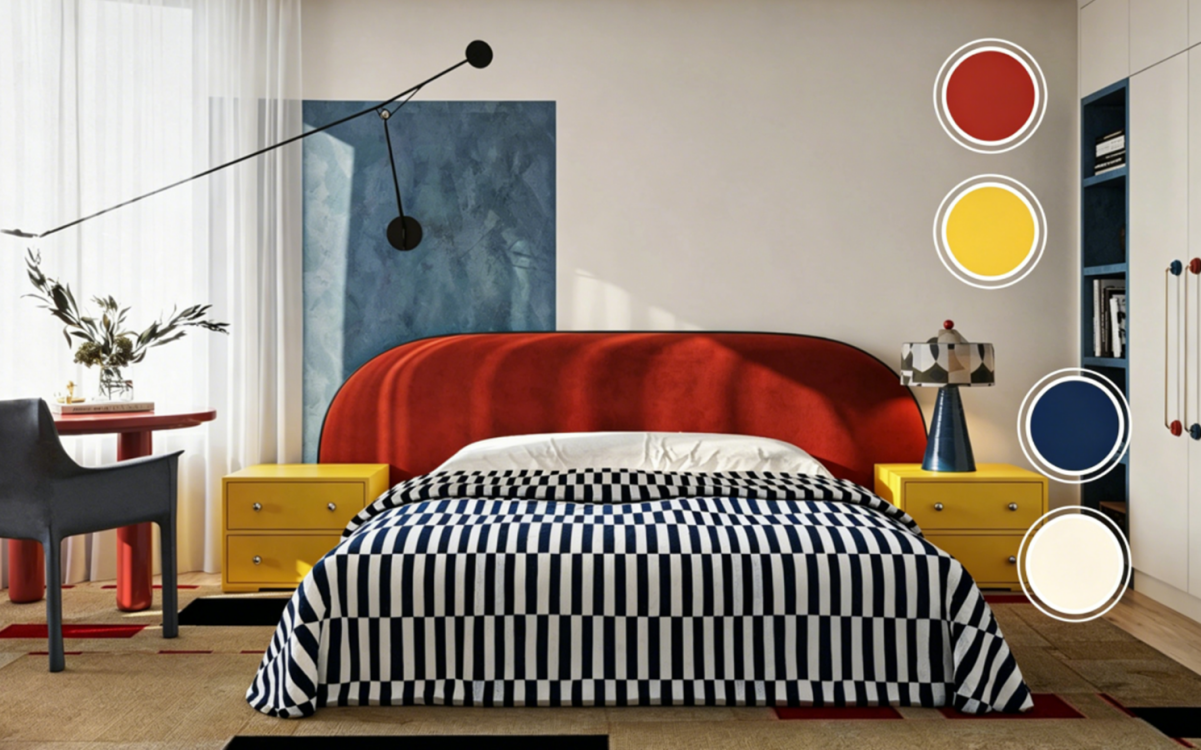 Red, yellow and blue color contrast bedroom