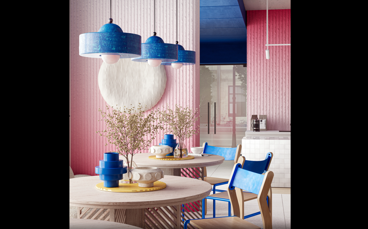 Pink and blue color contrast dining room