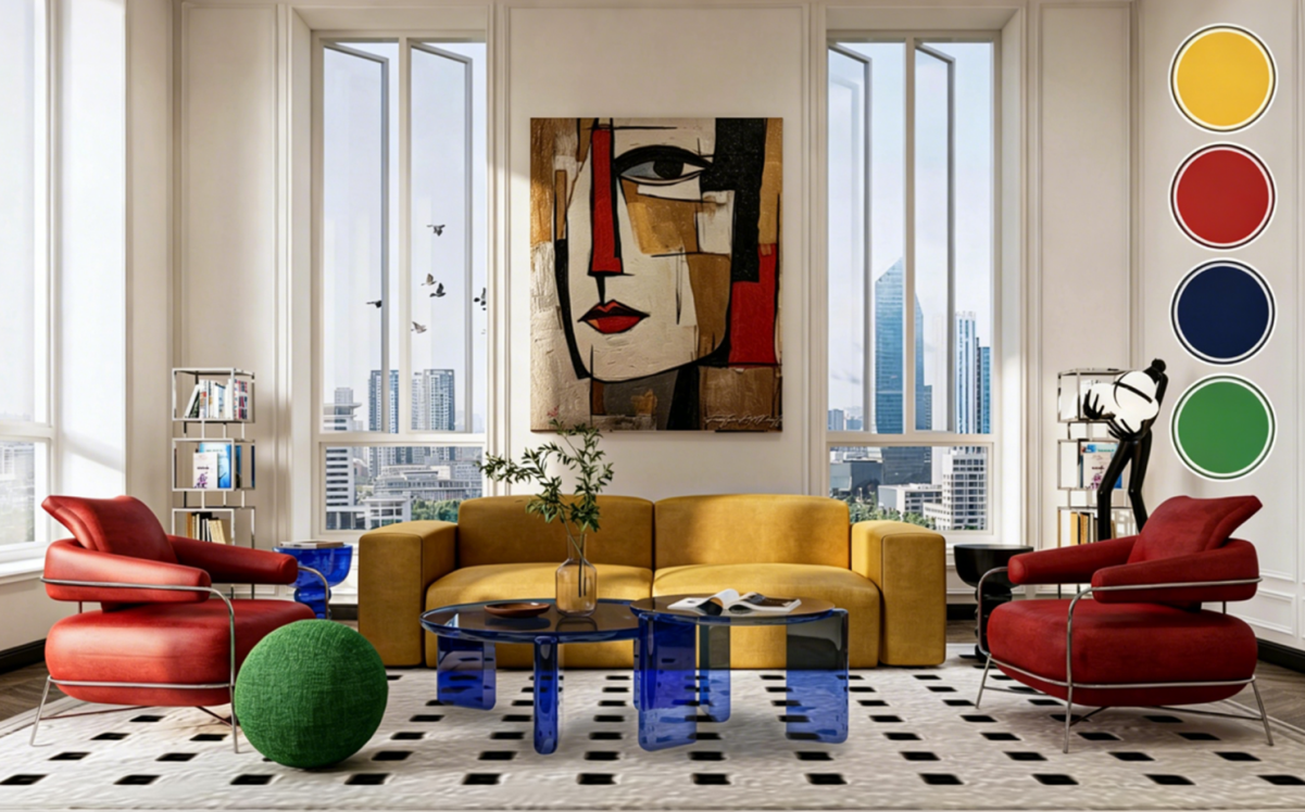Mustard yellow, red and blue color contrast living room
