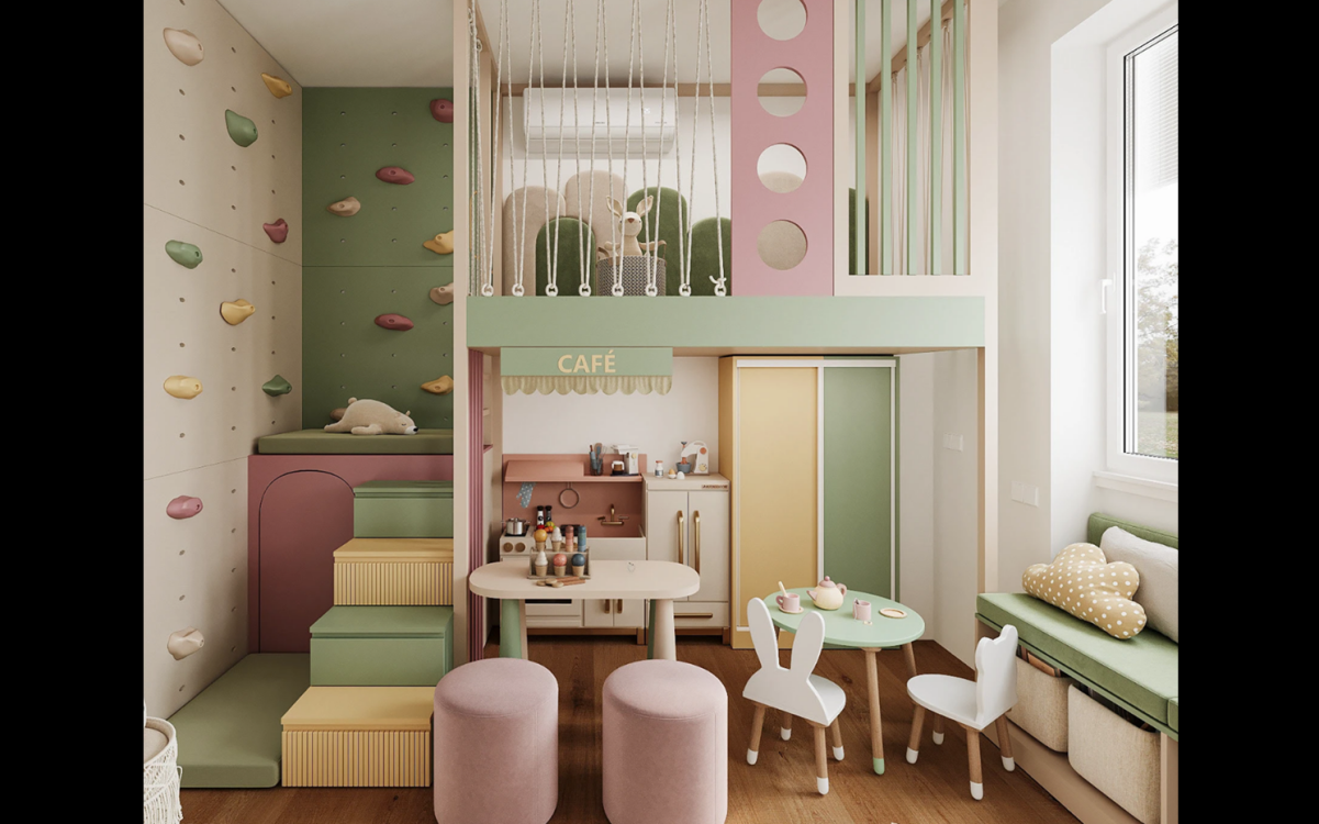 Green and blush pink color contrast kids' playroom