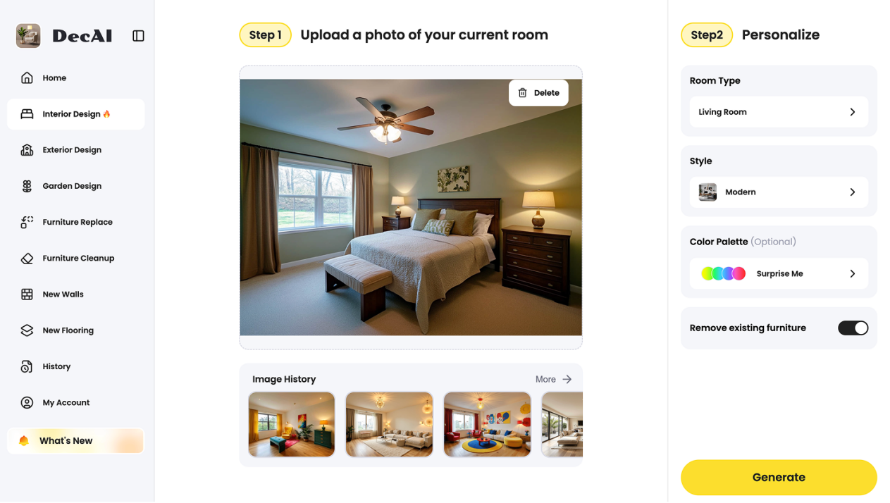 DecAI™ lets you instantly test trending color palettes and design styles on your own space