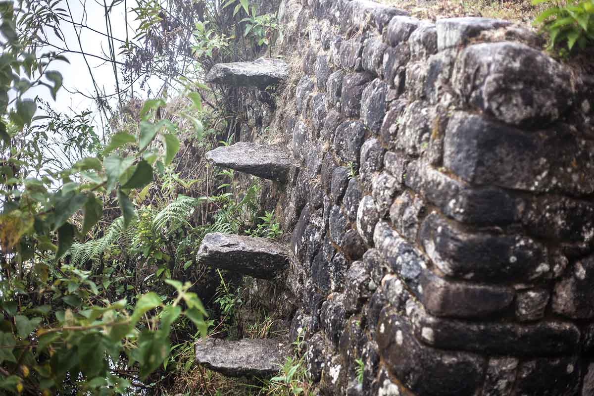 An example of the stone steps that the Incas use to reach their terraces. The steps jut out of an Incan stone wall.