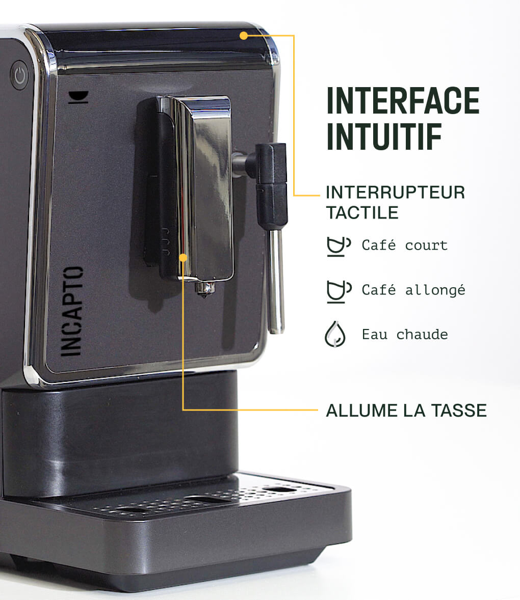 Sélecteur tactile pour cafés sur la machine à café super automatique avec buse vapeur