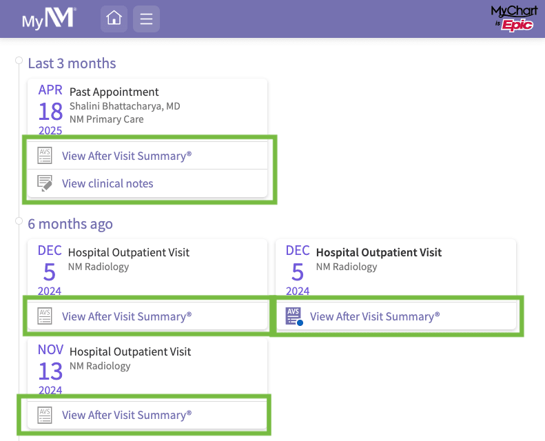 Visits tab includes links to Visit Summaries and Clinical notes for download.