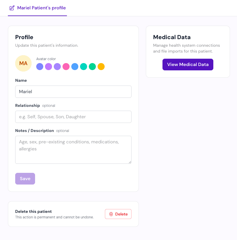 Patient Profile page