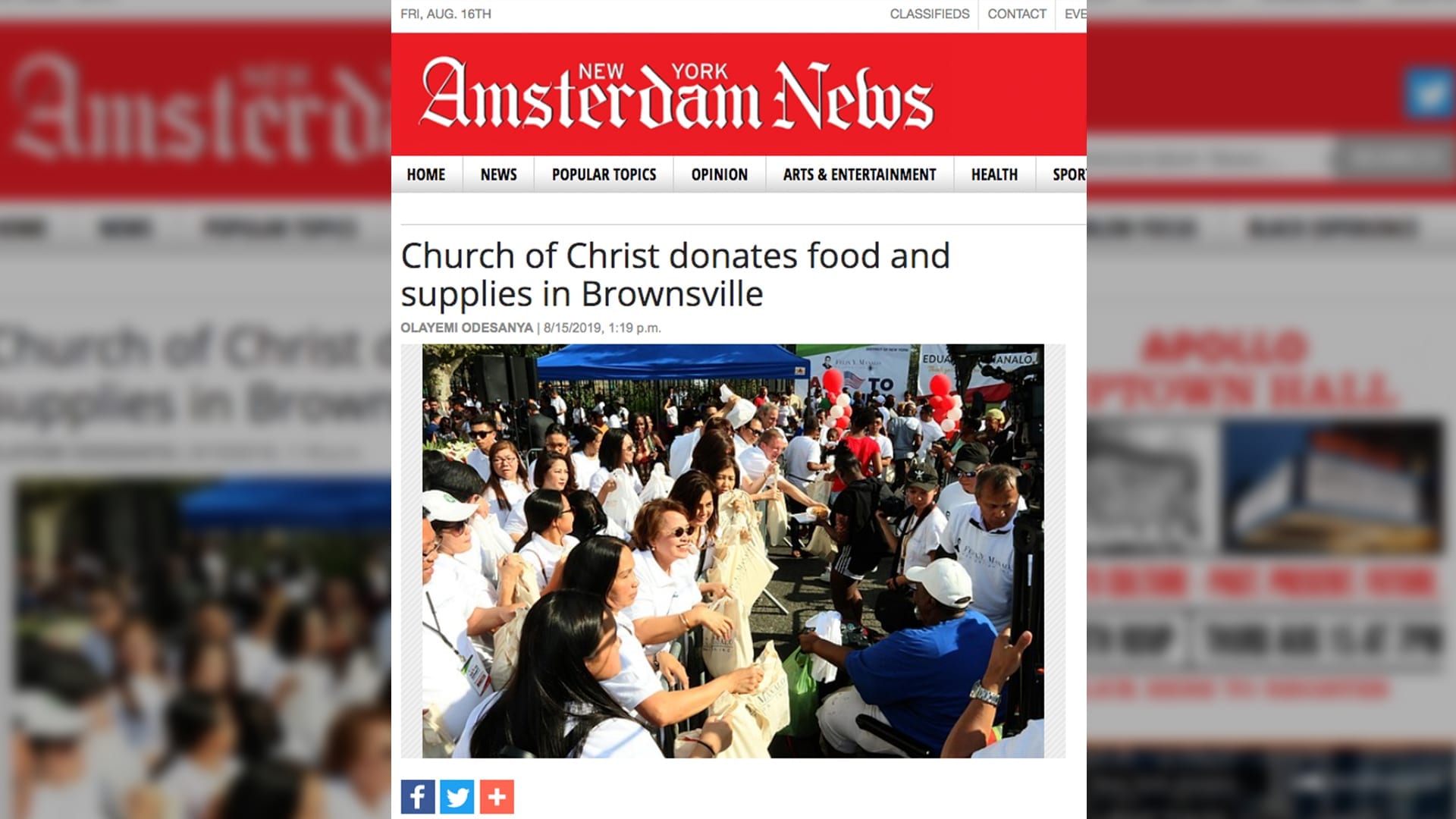 Amsterdam News cover page with headline “Church of Christ donates food and supplies in Brownsville