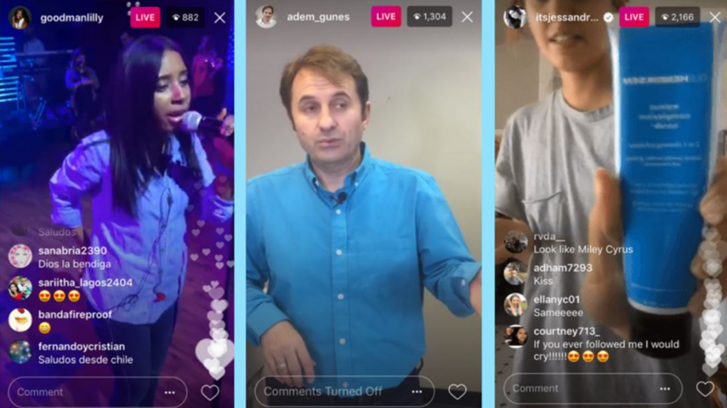 Three boxes side by side showing people on Instagram live.