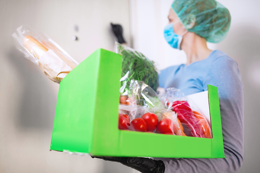 Home delivery food during virus outbreak, coronavirus panic and pandemics. Stay safe!