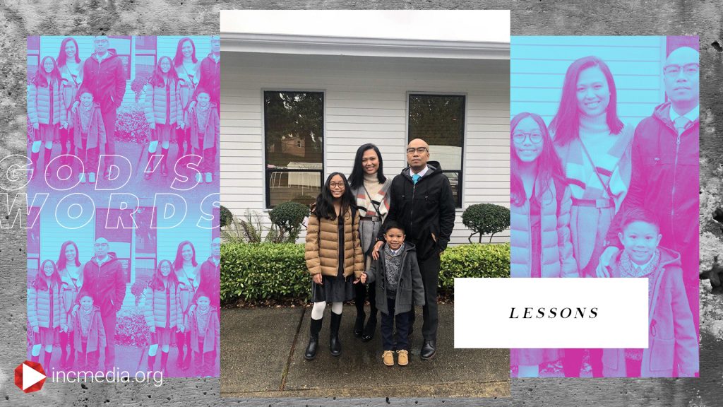 A repeating image of a family with overlay text that reads, Lessons.
