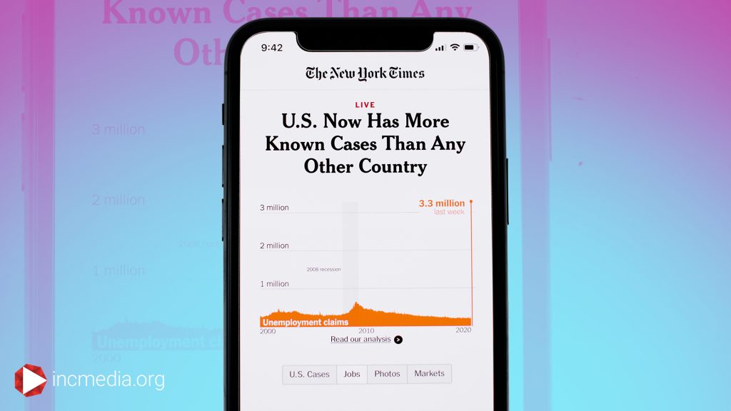 A New York Times headline that reads, U.S. Now Has More Known Cases Than Any Other Country, along with a graph below the headline
