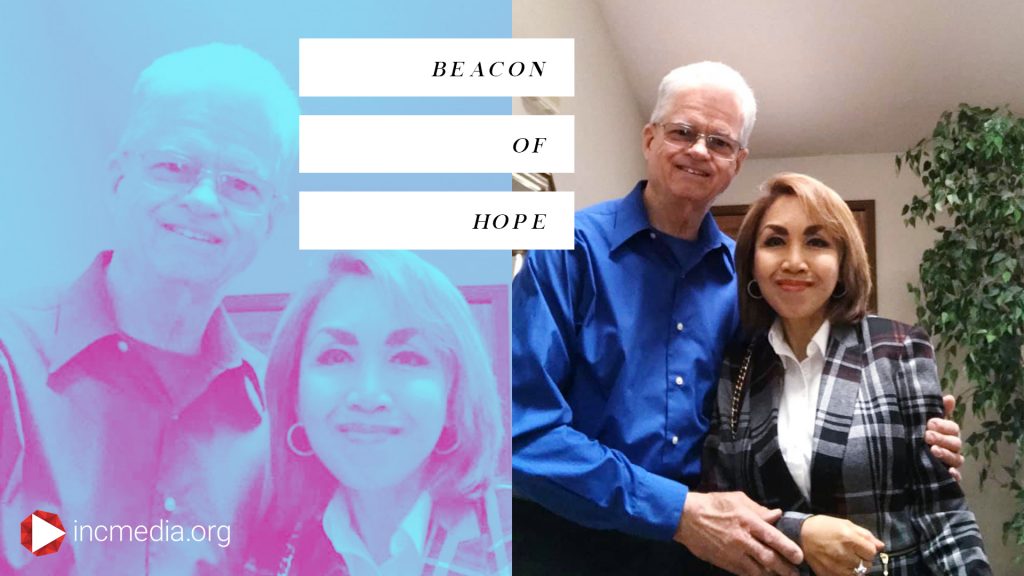 A repeating image of a man and woman smiling with overlay text, Beacon of Hope.