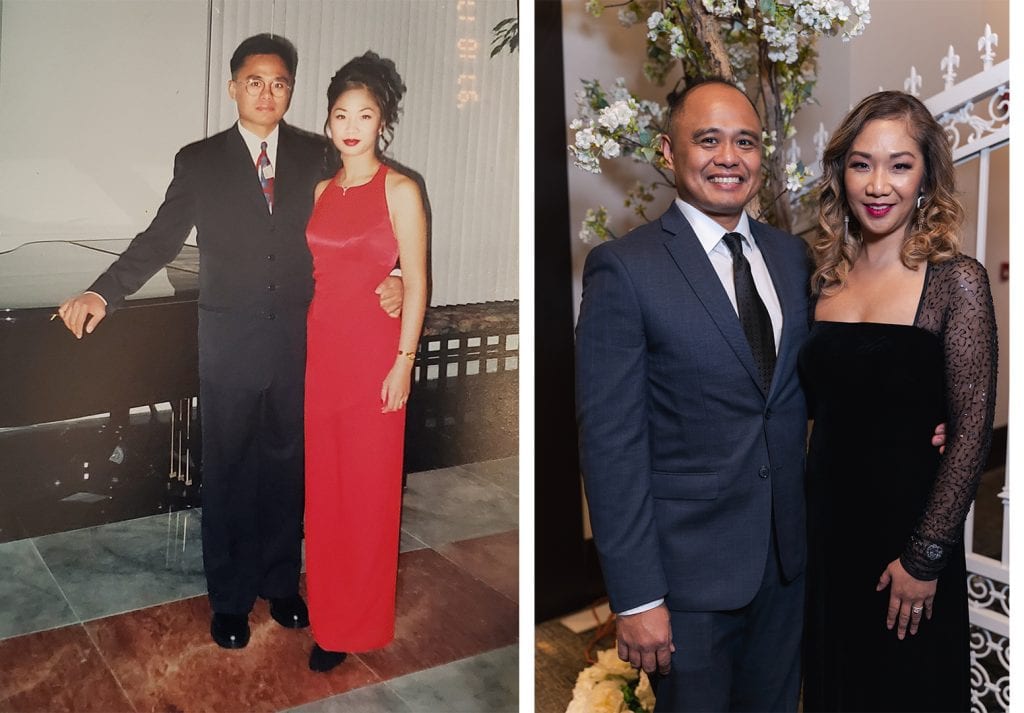 Side by side photos of a married couple at formal events.