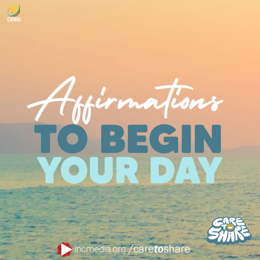 text graphic: "Affirmations to begin your day" with ocean and sunset sky in background