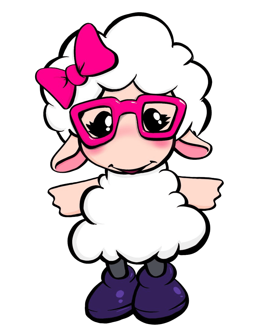 white and pink drawing of a smiling lamb