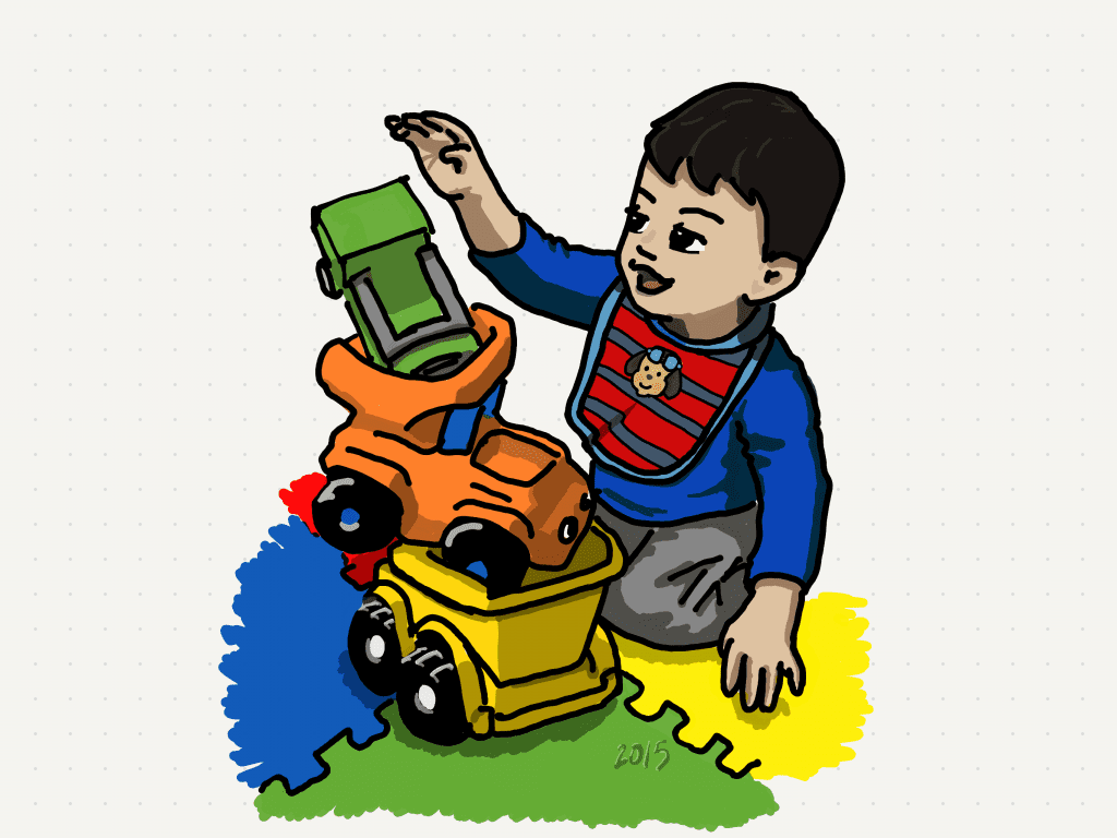 drawing of young boy stacking toys