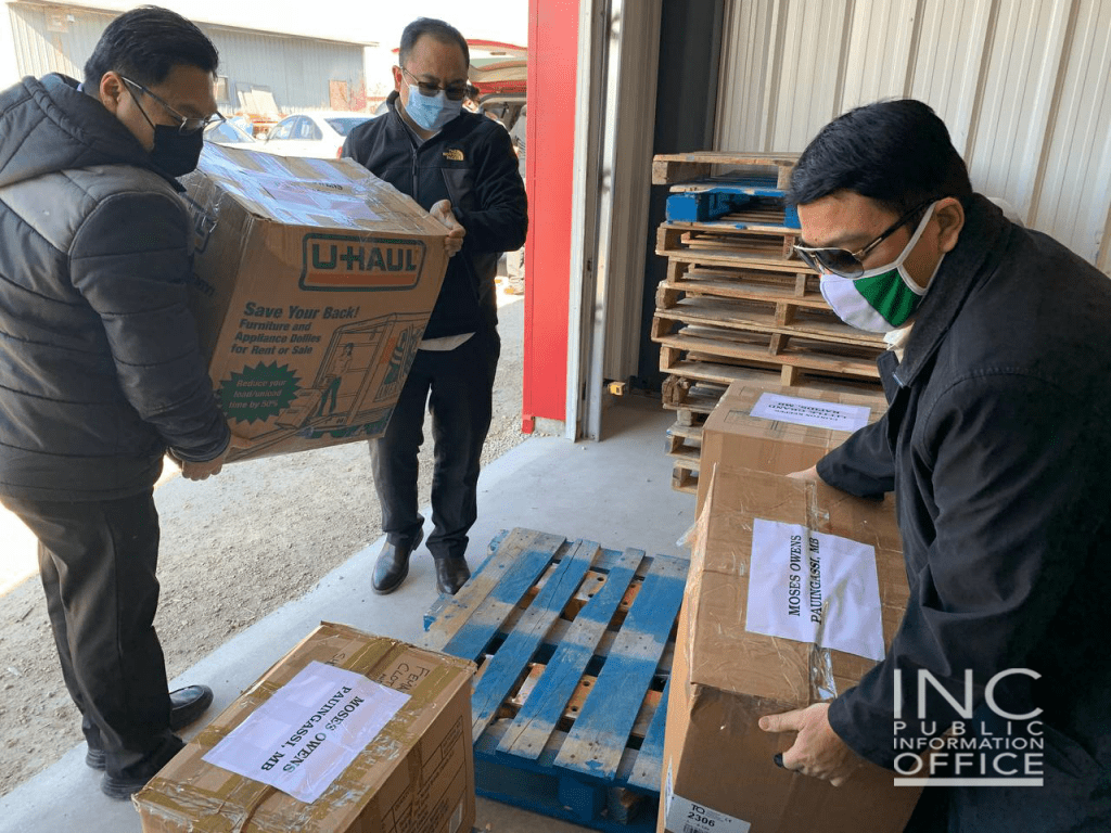 6.	Care packages consisting of children’s books, toys, and clothing donated and packed by INC members bound for Indigenous communities in Pauingassi and Little Grand Rapids, in Manitoba, Canada, via cargo plane.