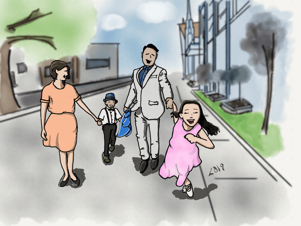 drawing of a family of four walking