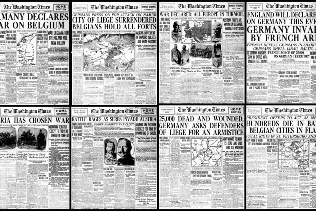 A collage of newspapers with different headlines from WWI.