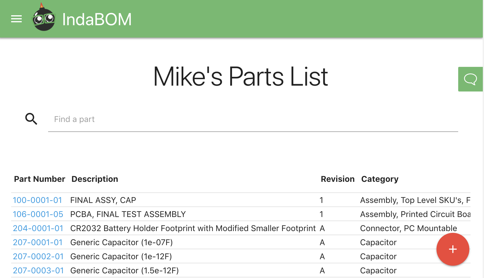 IndaBOM Part List