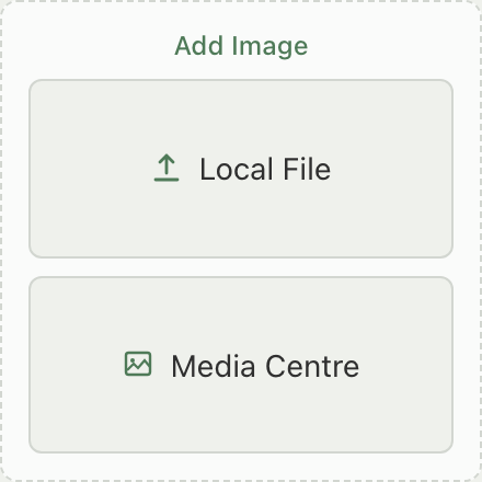 Add Image box showing both Local File and Media Centre options stacked and visible