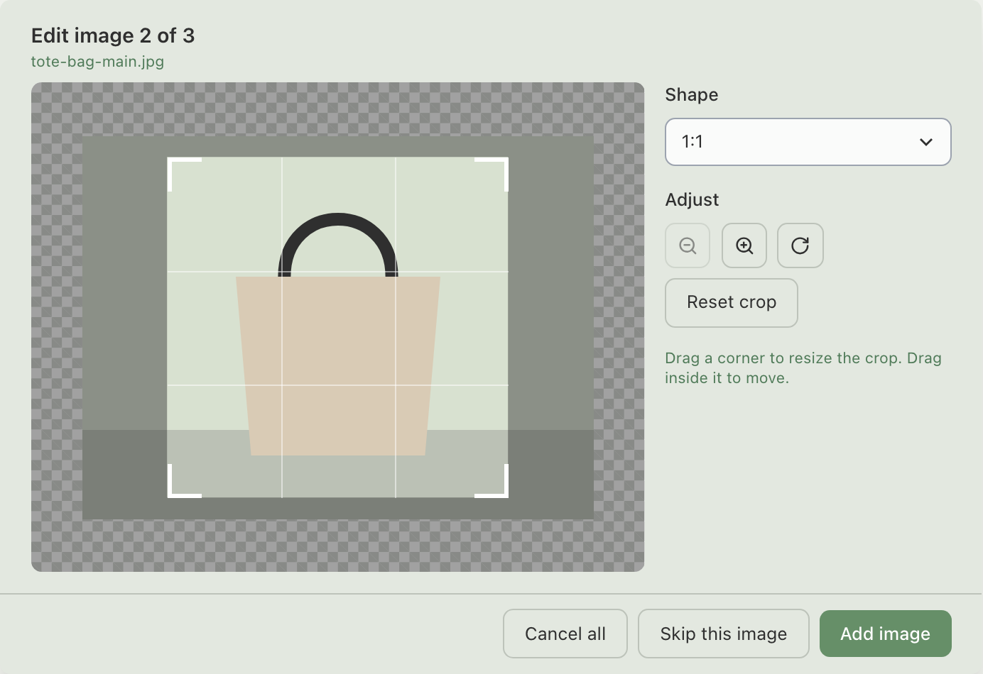 Crop editor open on "Edit image 2 of 3" with the shape menu, crop box, Adjust buttons, and Cancel all, Skip this image and Add image at the bottom