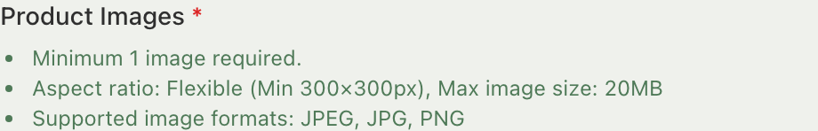 Product Images requirement panel with no marketplace channels connected, showing a flexible aspect ratio