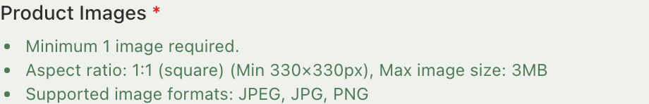 The same Product Images panel with Lazada connected, showing the tighter square-only requirement