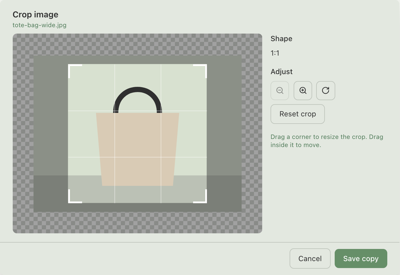 Crop image editor with the crop box over the product and Cancel and Save copy at the bottom