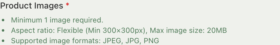 Product Images requirement panel with no marketplace connected, showing a flexible aspect ratio