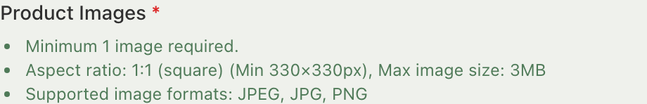 The same Product Images panel with Lazada connected, showing the tighter square-only requirement