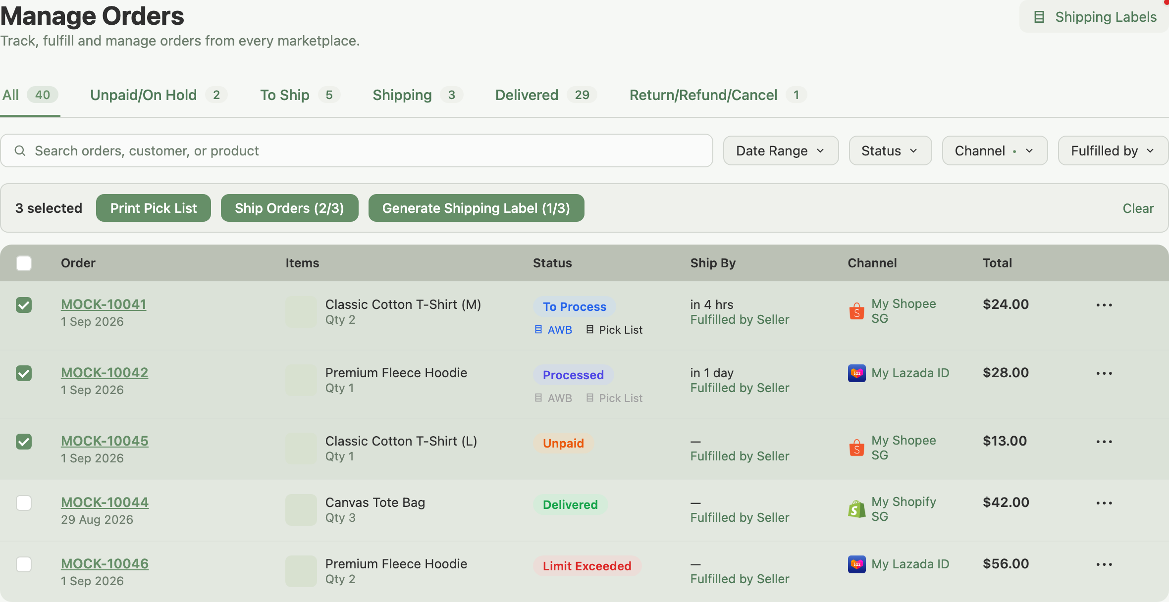 Manage Orders page with 3 rows selected and the bulk action bar showing Print Pick List, Ship Orders (2/3), and Generate Shipping Label (1/3)