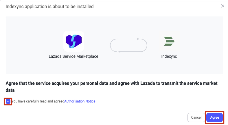 Lazada install confirmation window with the agreement checkbox and Agree button highlighted