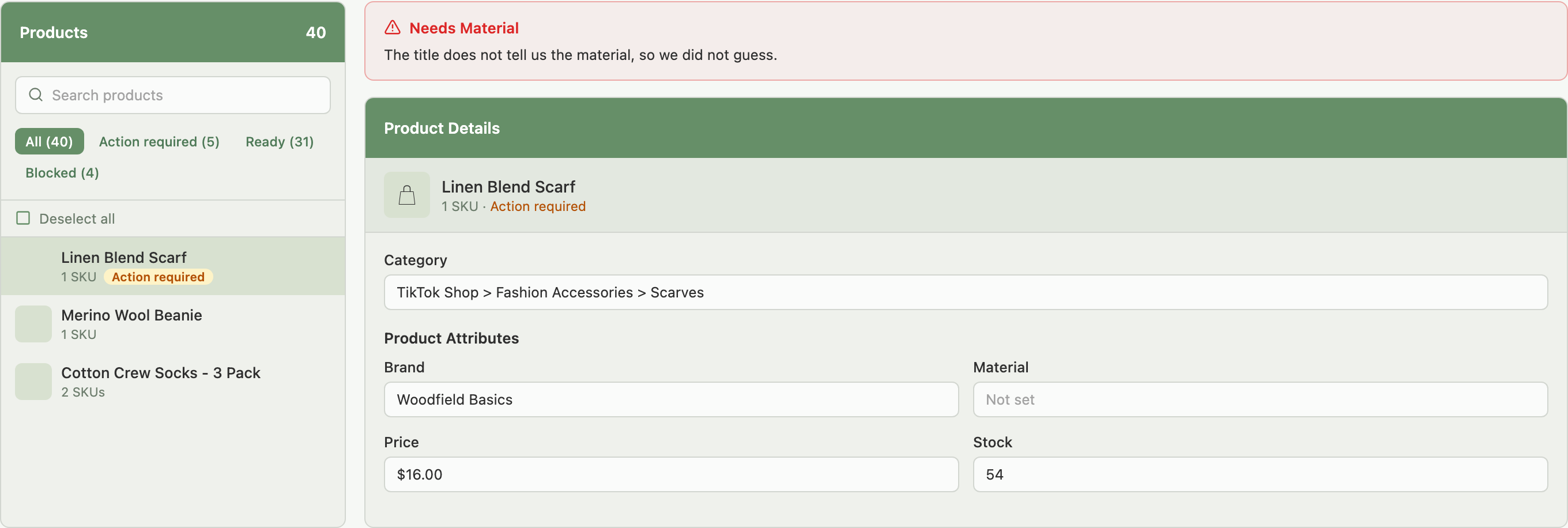 Product by product tab with the All, Action required, Ready and Blocked filters and a selected product's fixes on the right