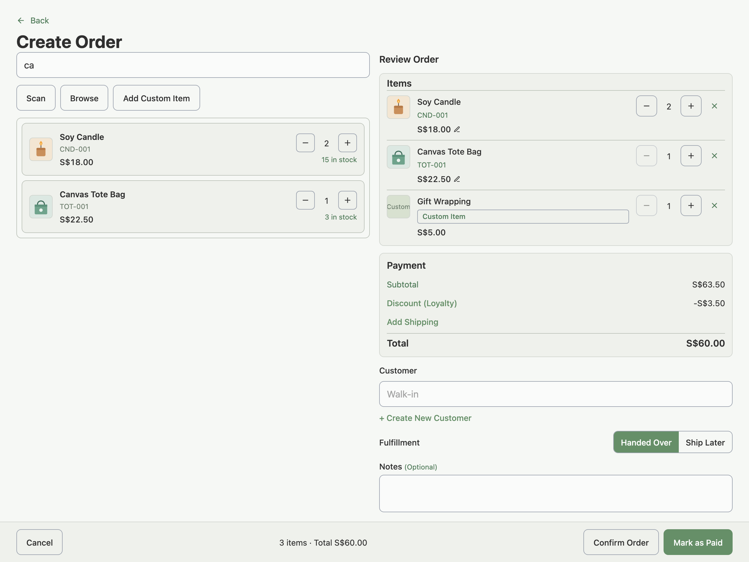 The Create Order page on a laptop with search results, a basket of three items, the Payment card and the Customer and Fulfillment choices