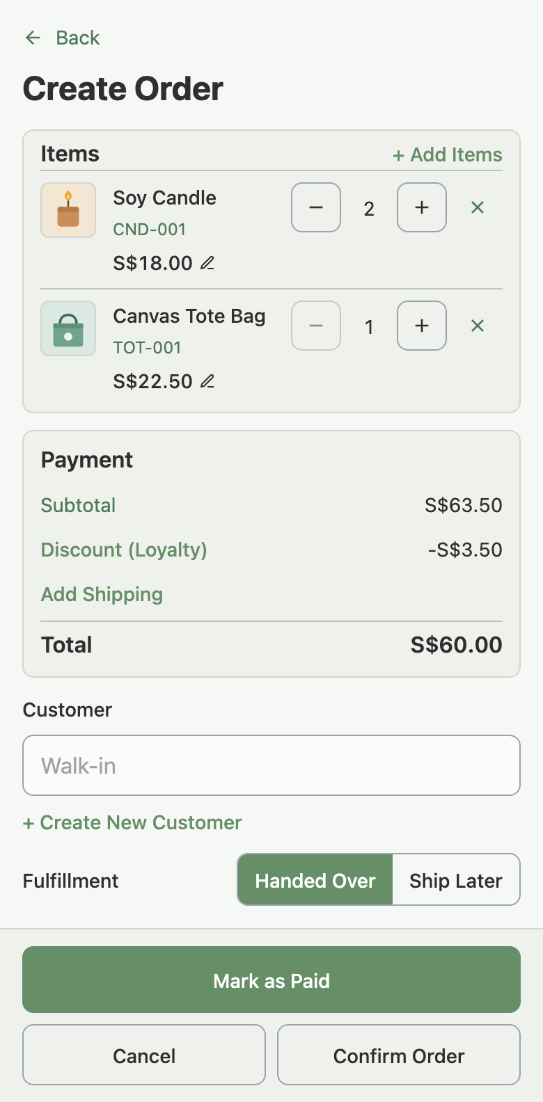 The Review Order step on a phone with the Mark as Paid, Cancel and Confirm Order buttons at the bottom