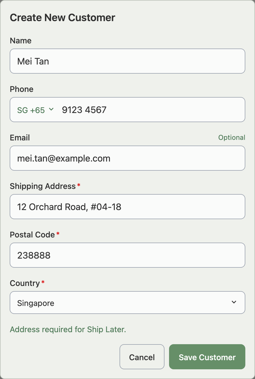 The Create New Customer form with Ship Later address fields marked required