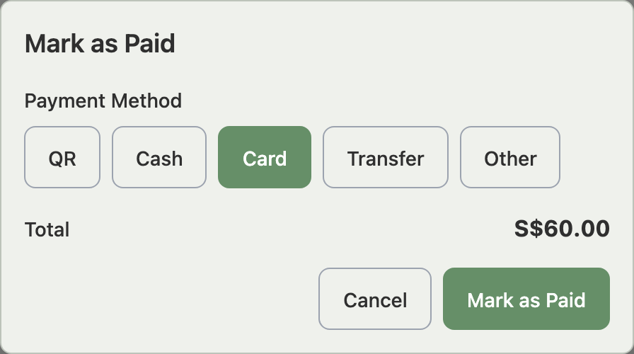 The Mark as Paid window with Card chosen and the order total