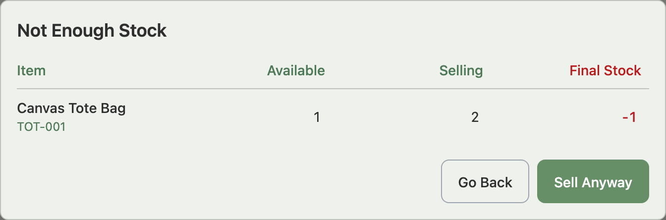 The Not Enough Stock window with one item short