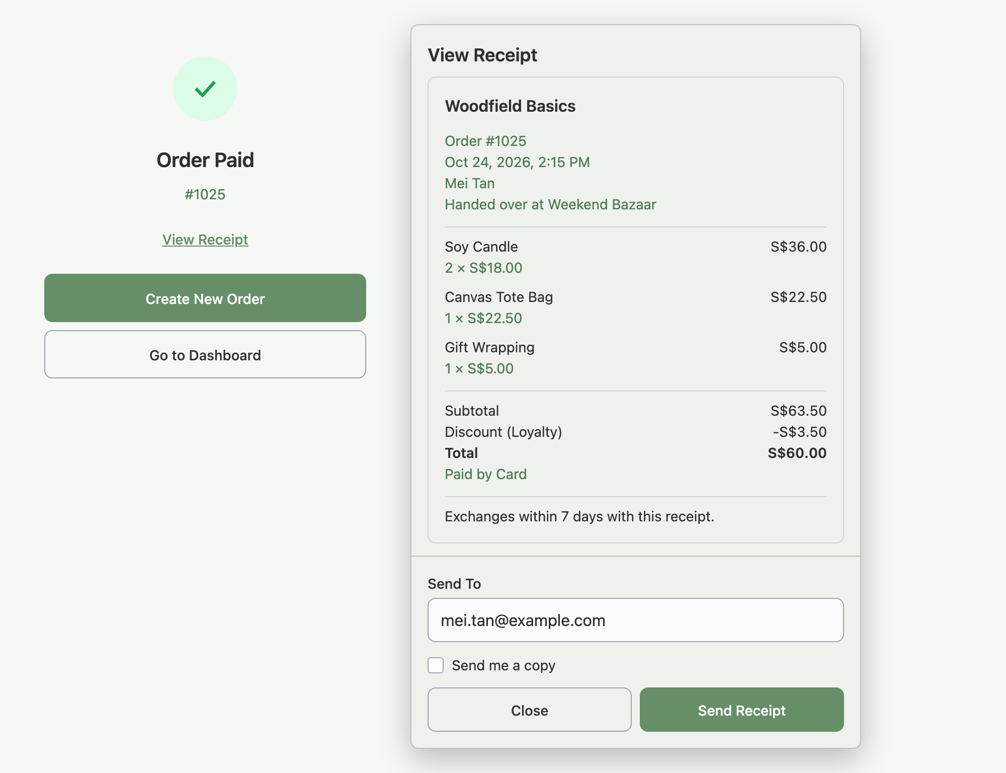 The Order Paid screen next to the View Receipt window with Send To filled in