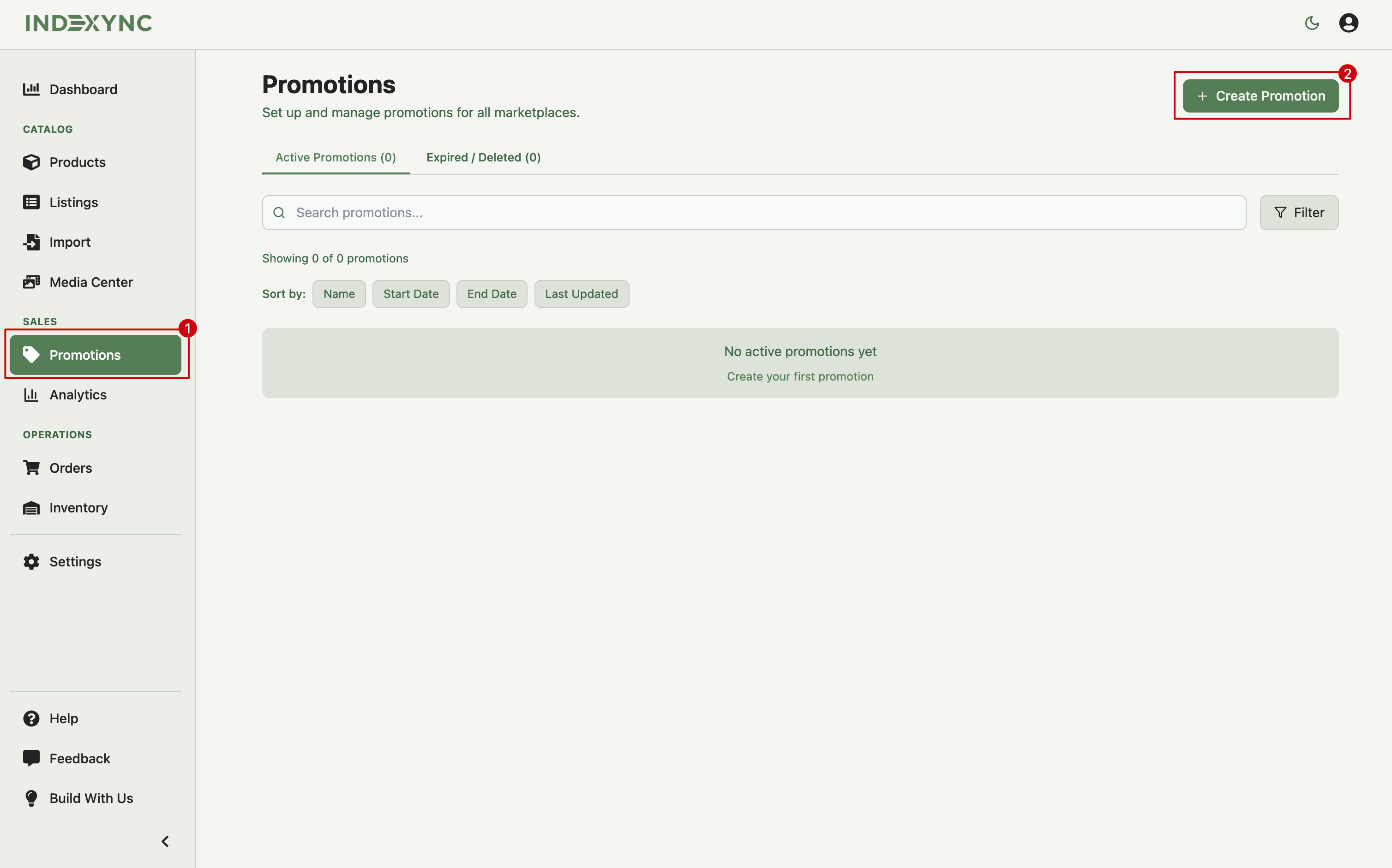 Promotions page with the Promotions sidebar item and Create Promotion button highlighted