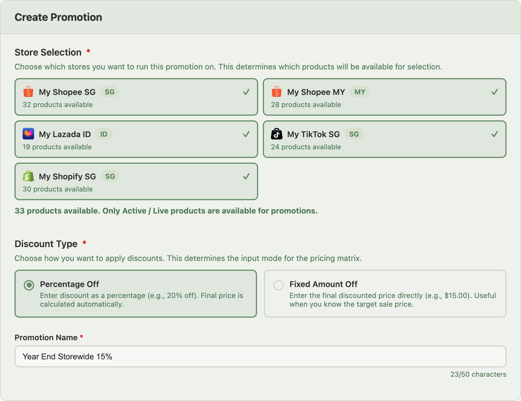 Create Promotion window (General tab) showing one card per connected store, the Discount Type options, and the Promotion Name field