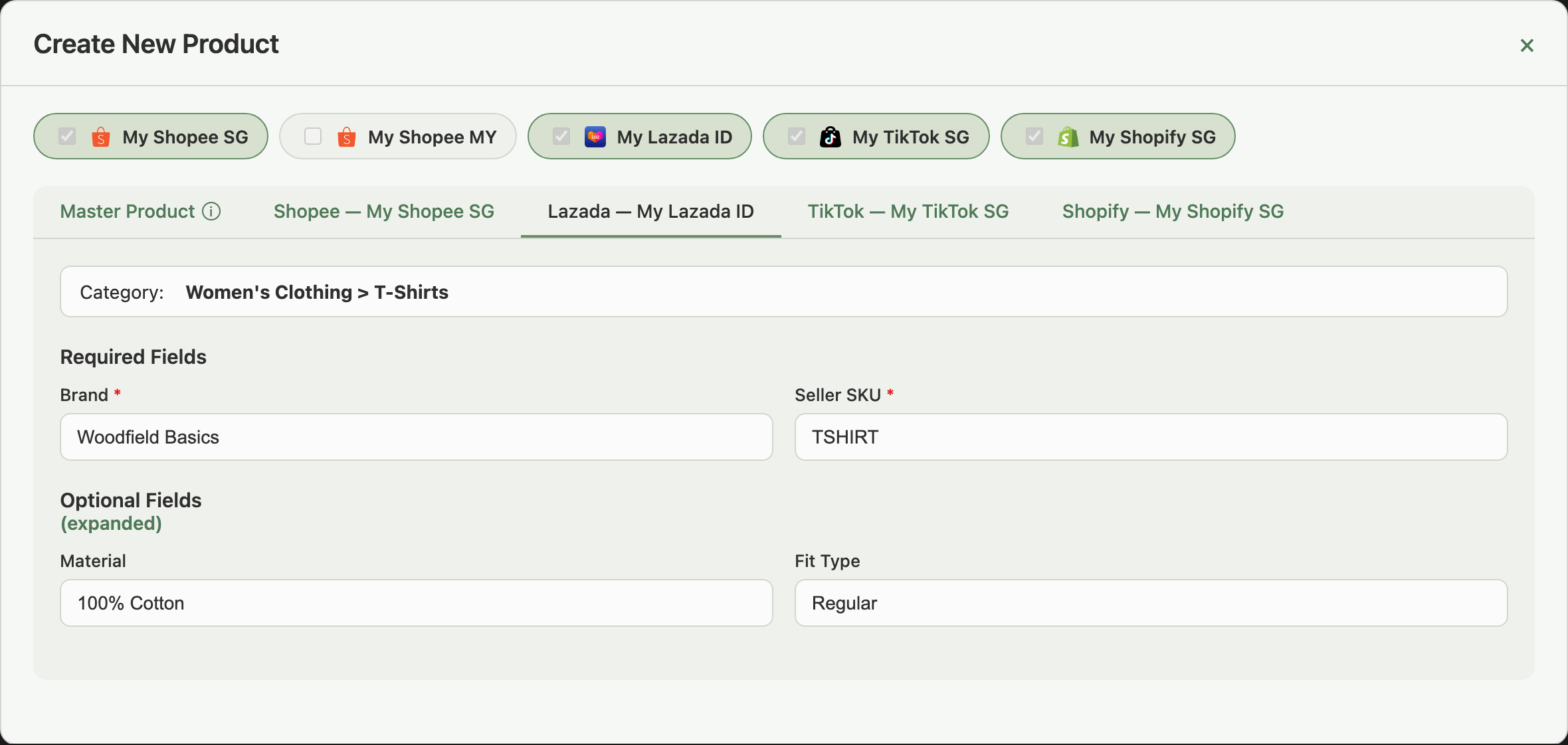 Lazada tab with a category selected, Required Fields showing Brand and Seller SKU with a red asterisk, and Optional Fields expanded showing Material and Fit Type