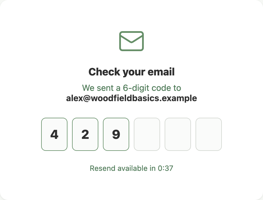 OTP verification screen showing the 6-digit code boxes and the resend timer