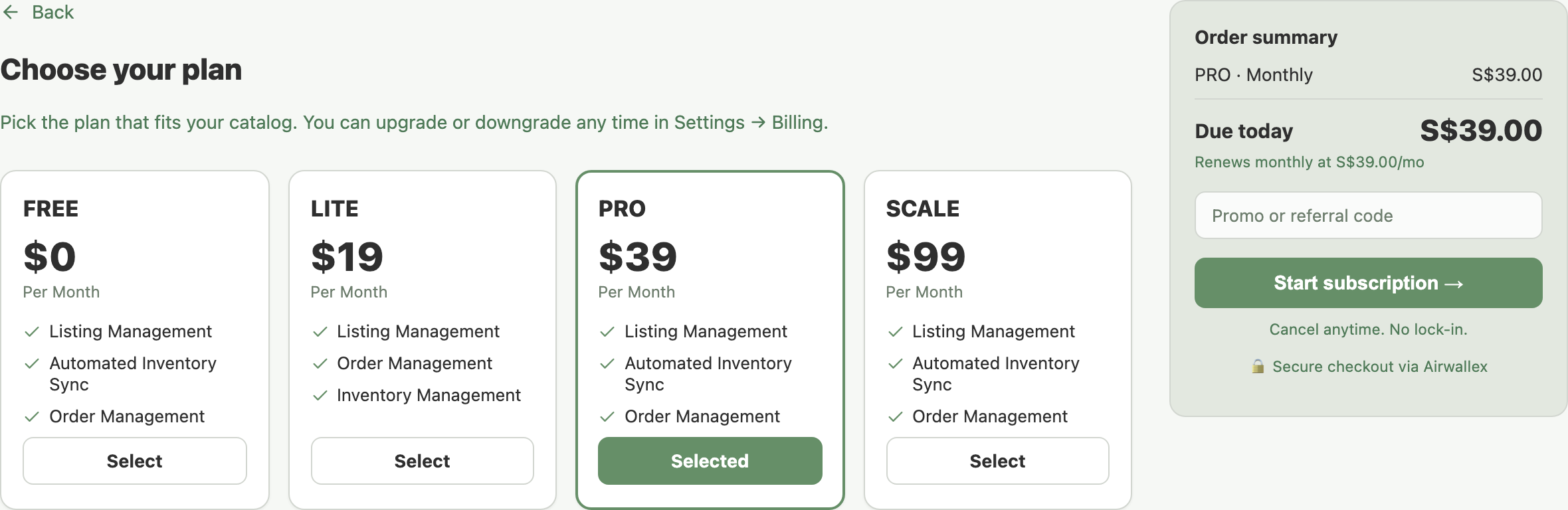 Onboarding wizard Choose your plan step showing all four plan cards with PRO selected and the order summary rail
